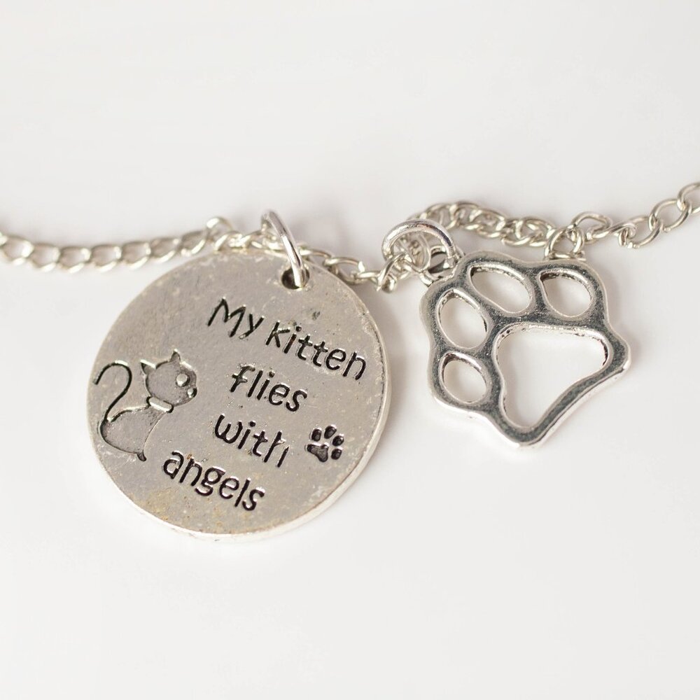 Handmade Pet Bereavement "Kitten Flies with Angels" Paw Print Necklace, New